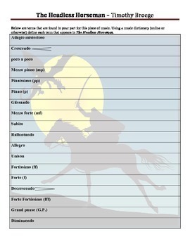 Preview of Vocabulary Worksheet for "The Headless Horseman" by Timothy Broege