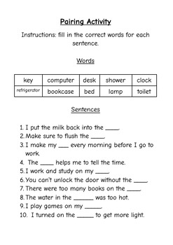 Household items worksheet for Grade 2