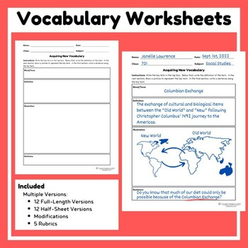 Preview of Vocabulary Worksheets and Rubric