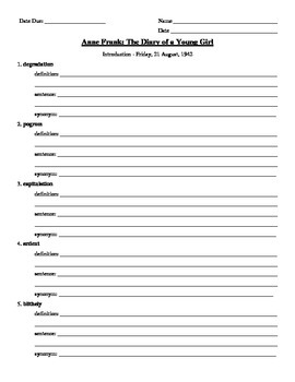 Vocabulary Worksheets for Anne Frank: The Diary of a Young Girl | TpT