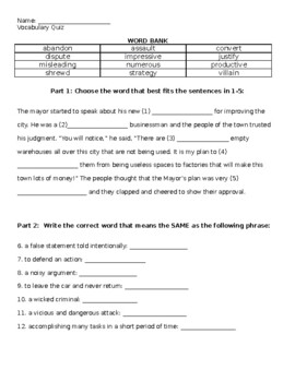 Preview of Vocabulary Workshop Level Blue Unit 2 Vocabulary Quiz