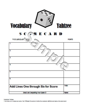 Preview of Vocabulary Yahtzee Game