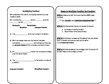 Preview of Vocabulary and Notes for Multiplying Fractions