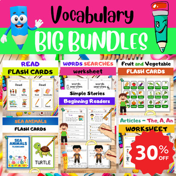 Preview of Vocabulary bundle that includes flashcards, games, and reading materials.