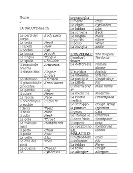 Preview of Vocabulary list - La Salute e Le Parti del Corpo