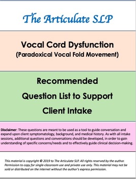 Preview of Vocal Cord Dysfunction Intake Question List VCD/PVFM