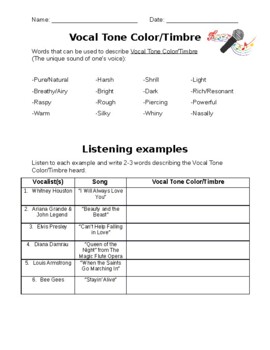 Preview of Vocal Tone Color/Timbre Listening Activity/Worksheet