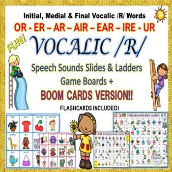 Preview of /R/ & Vocalic /R/ Speech Sounds Slides & Ladders Games, Flashcards + BOOM CARDS!