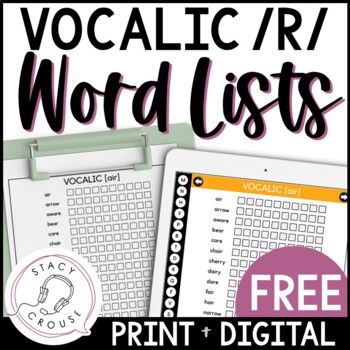 Preview of Vocalic R Speech Therapy Word Lists Articulation Drill Printable + Digital FREE