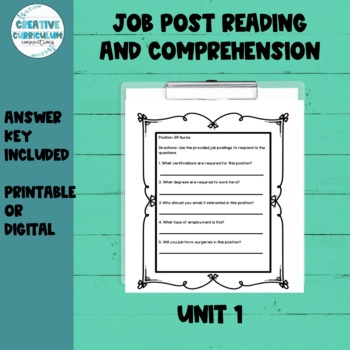 Preview of Vocational Skills Job Post Reading & Comp Digital & Printable Worksheets