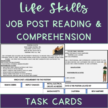 Preview of Vocational Skills Job Post Reading & Comprehension Task Cards Level 1