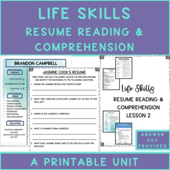 Preview of Vocational Skills Resume Reading & Comprehension Printable Unit 2