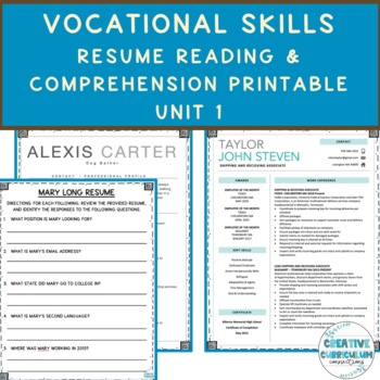 Preview of Vocational Skills Resume Reading & Comprehension Printable Unit