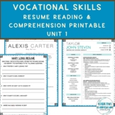 Vocational Skills Resume Reading & Comprehension Printable Unit