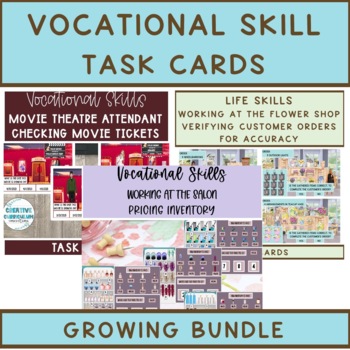 Preview of Vocational Skills Working In Varied Fields Task Card Growing Bundle
