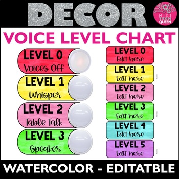 Preview of Voice Level Chart Watercolor with tap lights EDITABLE Classroom Management Chart