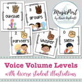 Voice Volume Levels with diverse student illustrations