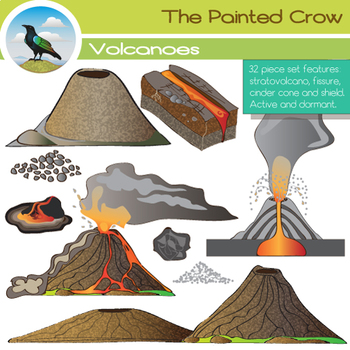 Preview of Volcano Clip Art Earth Science Set. 32 Illustrations (Color & Blackline)