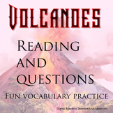 Volcano reading and questions covering 20 words and definitions