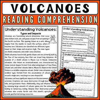 Preview of Volcanoes Engaging Nonfiction Reading Passage and Quiz, Volcano Natural Disaster