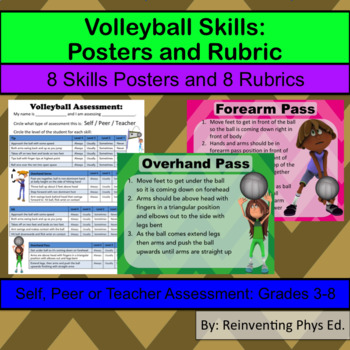 Preview of Volleyball Skills W/ Rubrics: 8 Skills Posters & 8 Volleyball Rubrics: Grade 3-8