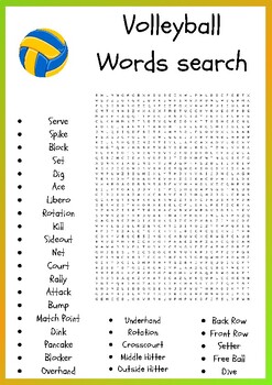 Volleyball word search puzzles worksheets activity for crithical thinking