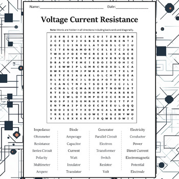 Preview of Voltage Current Resistance Word Search Puzzle Worksheet Activity
