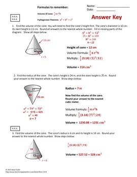 Volume Cone Pythagorean Theorem 8.G.9 Common Core Spiraling Practice