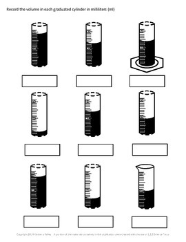 Volume Measurement with a Graduated Cylinder Worksheet (w/ meniscus)