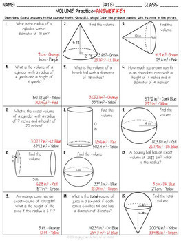 Volume Of Cylinders Cones And Spheres Coloring Activity Tpt