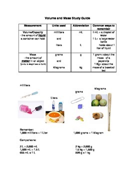 Preview of Volume and Mass Study Guide and Test