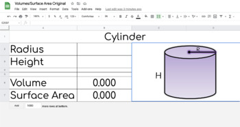 Preview of Volume and Surface Area Google Sheet Calculator