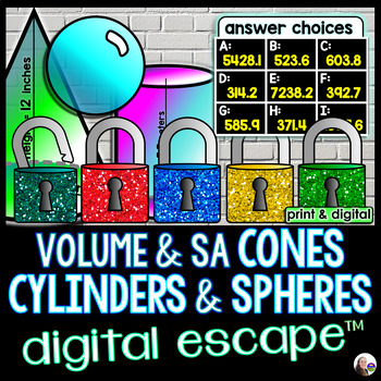 Preview of Volume and Surface Area of Cones, Cylinders, Spheres Digital Math Escape Room