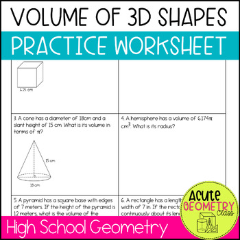 Preview of Volume of 3D Shapes Practice Worksheet - Prisms Cylinders Pyramids Cones Spheres