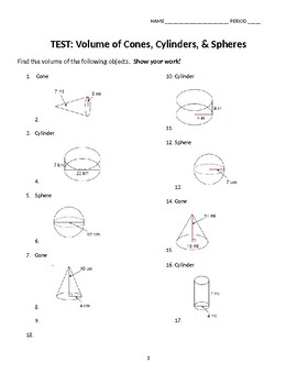 Preview of Volume of Cones, Cylinders and Spheres Test or Worksheet with Word Problems