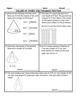 Volume of Cones and Pyramids Word Problem Practice PLUS Spiral Review
