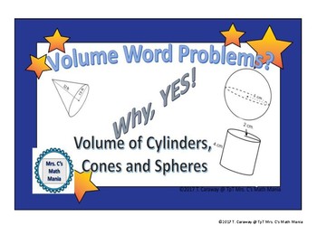 Preview of Volume of Cylinder, Cones and Spheres Word Problems