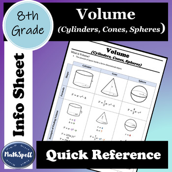 Preview of Volume of Cylinders, Cones, Spheres | 8th Grade Math Quick Reference Sheet |FREE
