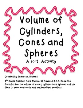 Preview of Volume of Cylinders, Cones & Spheres A Sort Activity