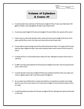 Preview of Volume of Cylinders & Cones Worksheet Bundle (1-5)