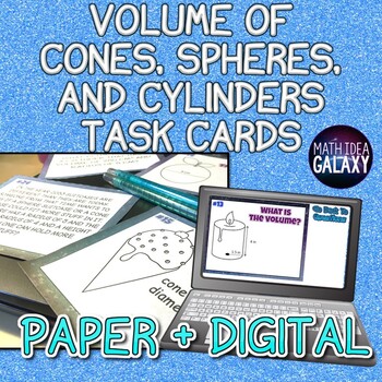 Preview of Volume of Cylinders Cones and Spheres Task Cards- Printable & Digital Resource