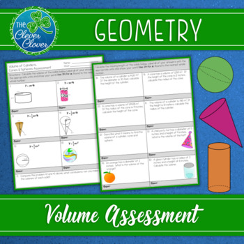 Preview of Volume of Cylinders, Cones and Spheres Assessment