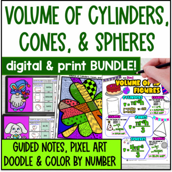 Preview of Volume of Cylinders, Cones, and Spheres Guided Notes Digital Pixel Art Bundle