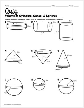 Preview of Volume of Cylinders, Cones, and Spheres Quiz