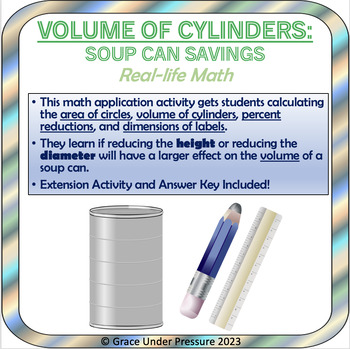 Preview of Volume of Cylinders: Middle School Geometry Word Problem: Soup Can Savings