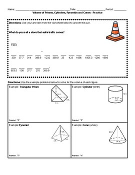 Preview of Volume of Prisms, Cylinders, Pyramids, and Cones - Practice Puns