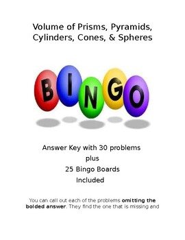 Preview of Volume of Prisms, Pyramids, Cylinders, Cone, & Spheres BINGO w/Pre-Filled Boards
