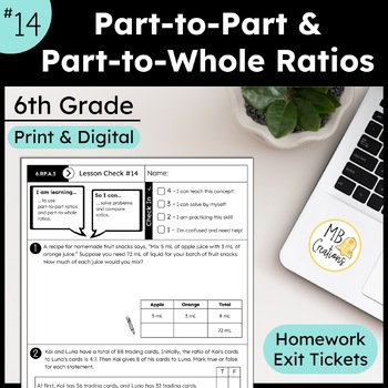 Preview of Part-to-Part and Part-to-Whole Ratios - Exit Tickets - iReady Math 6th Grade L14
