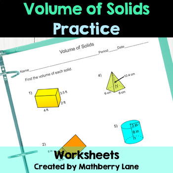 Preview of Volume of Solids Worksheet - Prisms, Cylinders, Cones, Pyramids and Spheres
