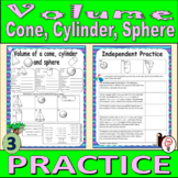 Volume of a Cylinder, Cone, and Sphere - 3 Practice Worksh